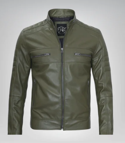 Stylish olive green leather motorcycle jacket for men