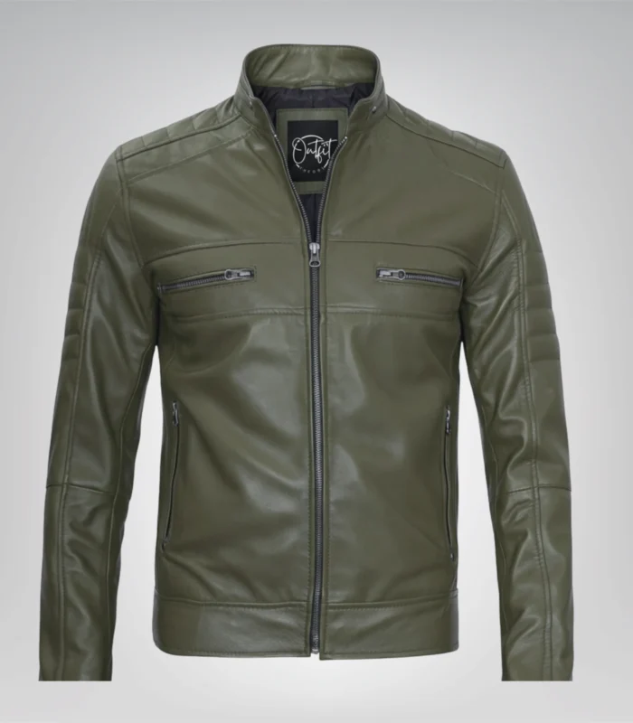 Stylish olive green leather motorcycle jacket for men