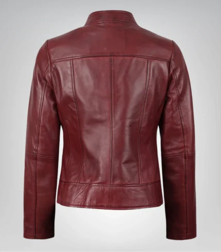 Women’s genuine burgundy lambskin leather jacket – motorcycle style design