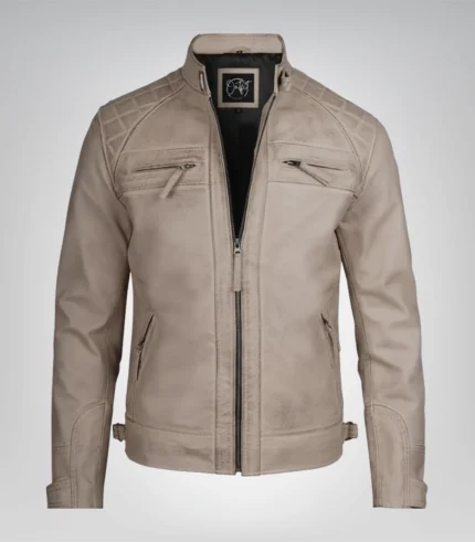 Stylish beige leather motorcycle jacket for men