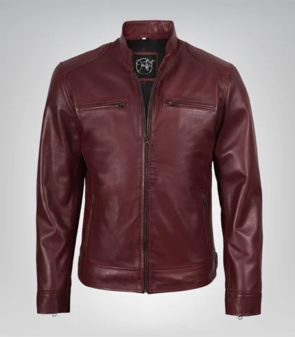 Stylish burgundy leather biker jacket for men