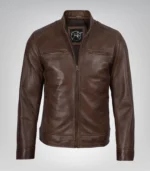 Stylish chocolate brown waxed leather biker jacket for men – Dodge