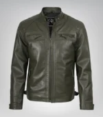 Stylish olive green leather biker jacket for men with quilted design