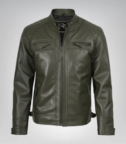 Stylish olive green leather biker jacket for men with quilted design