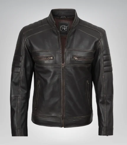 tylish brown distressed leather biker jacket for men