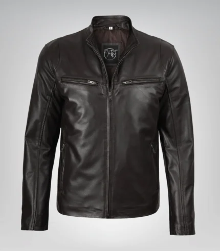 Stylish dark brown cowhide leather biker jacket for men