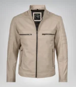 Stylish beige leather motorcycle jacket for men featuring mandarin collar
