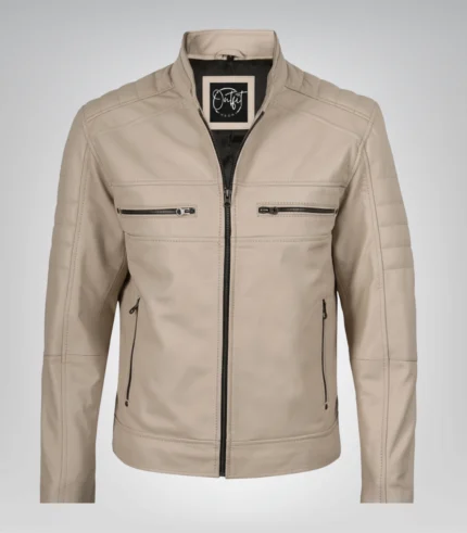Stylish beige leather motorcycle jacket for men featuring mandarin collar