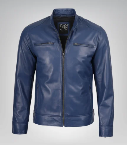 Stylish blue leather motorcycle jacket for men