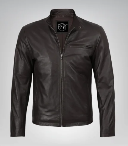 Stylish dark brown leather motorcycle jacket for men