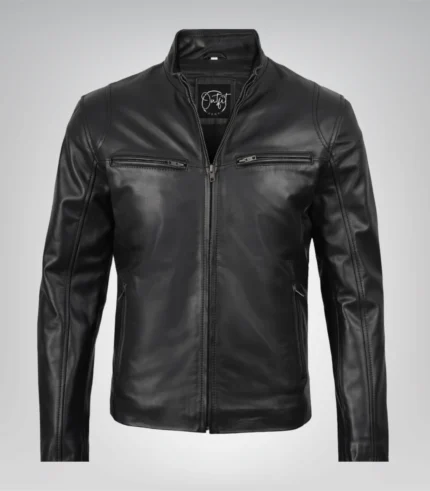 Stylish black cowhide leather motorcycle jacket for men