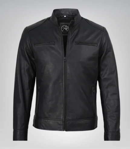 Stylish matte black leather biker jacket for men