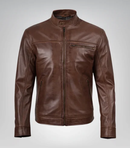 Stylish cognac leather biker jacket for men