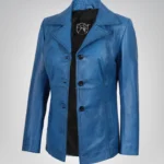 Women’s blue waxed leather coat with three-button front