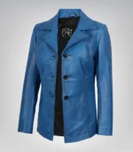 Women’s blue waxed leather coat with three-button front