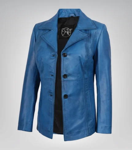 Women’s blue waxed leather coat with three-button front