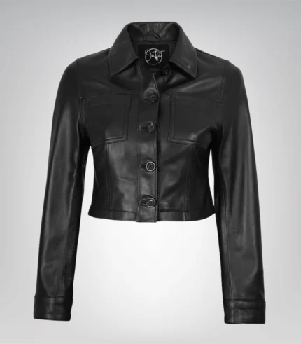 Women’s genuine leather cropped jacket in black with front buttons