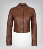 Stylish cognac cropped women’s real leather jacket
