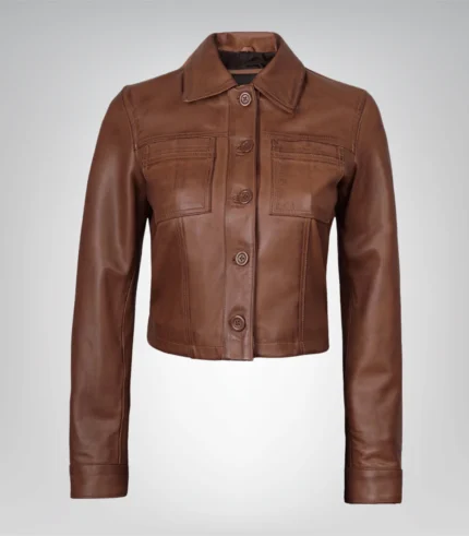 Stylish cognac cropped women’s real leather jacket