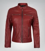 Stylish waxed red leather biker jacket for women