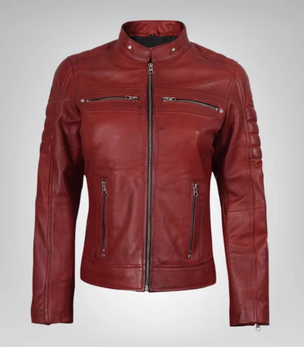 Stylish waxed red leather biker jacket for women