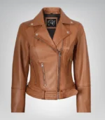 Stylish tan leather biker jacket for women with belt and asymmetrical zipper