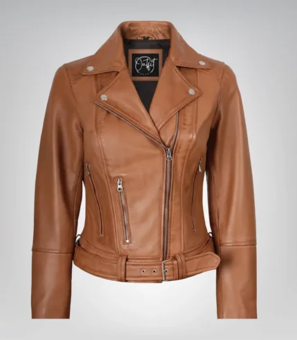Stylish tan leather biker jacket for women with belt and asymmetrical zipper