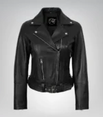 Stylish black biker-style women’s leather jacket featuring belt and angled zipper