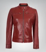 Stylish red leather biker jacket for women in genuine leather