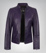 Purple real leather biker jacket for women with modern fit