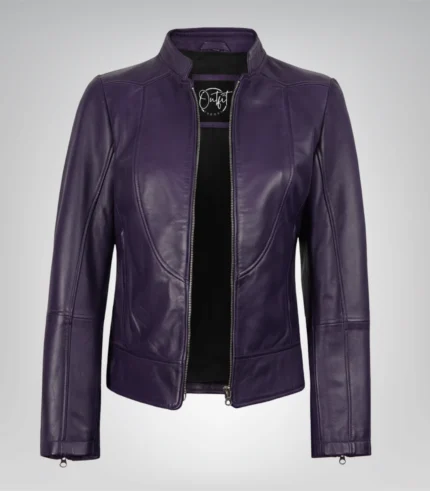 Purple real leather biker jacket for women with modern fit
