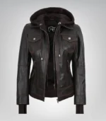 Brown real leather bomber jacket for women with removable hood