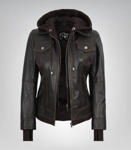 Brown real leather bomber jacket for women with removable hood