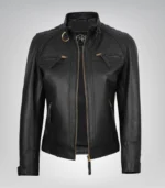 Black real leather moto jacket for women featuring gold details