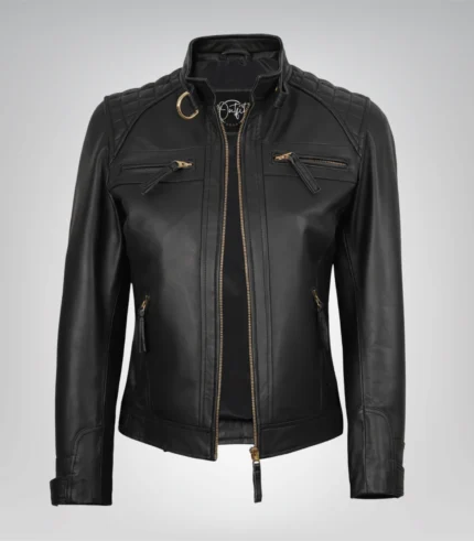 Black real leather moto jacket for women featuring gold details