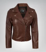 Women’s Distressed Moto-Style Leather Jacket in Cognac - Image 2