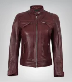 Women’s Burgundy Genuine Lambskin Moto-Style Leather Jacket - Image 2