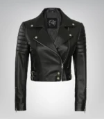Women’s Black Cropped Moto Jacket with Asymmetrical Front - Image 2