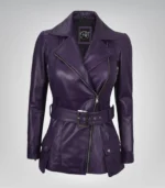 Women’s Purple Real Leather Biker Jacket with Belted Waist - Image 2