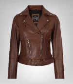 Cognac real leather asymmetrical moto jacket for women with belt