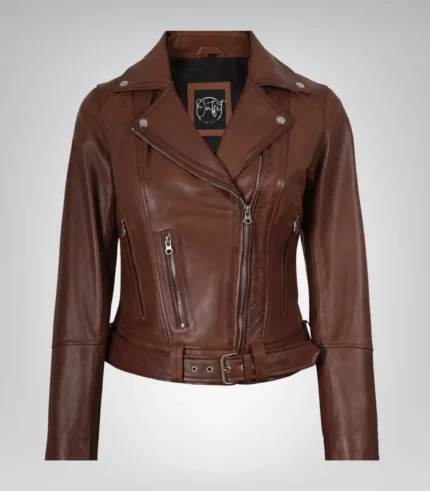 Cognac real leather asymmetrical moto jacket for women with belt