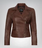 Cognac real leather asymmetrical moto jacket for women