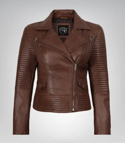 Cognac real leather asymmetrical moto jacket for women