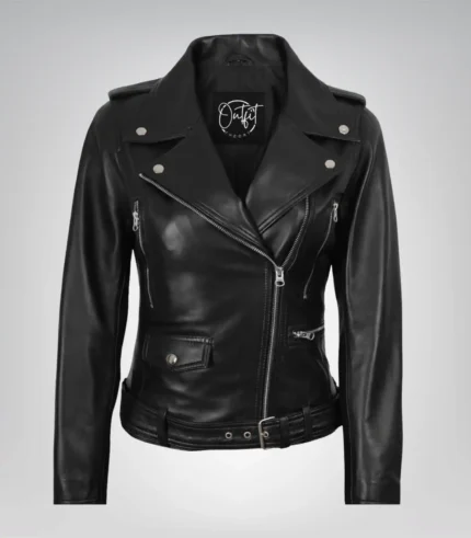 Black real leather asymmetrical moto jacket for women by Marcella