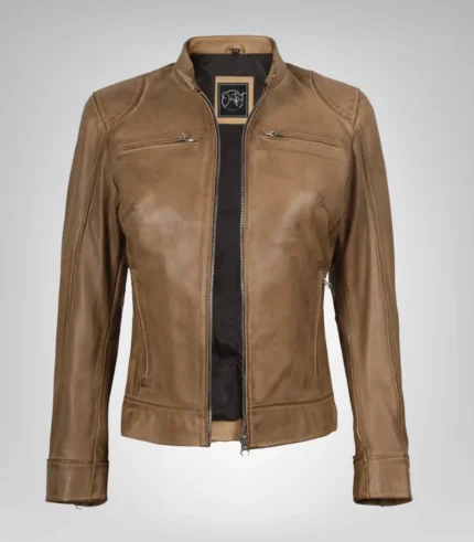Camel real leather motorcycle jacket for women
