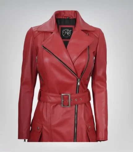 Red real leather moto jacket for women featuring belt detail