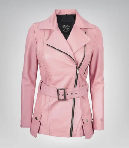Pink real leather long motorcycle jacket for women with belt