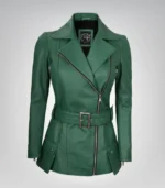 Green real leather motorcycle jacket for women with belt