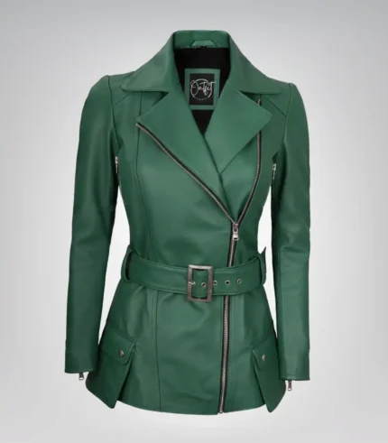 Green real leather motorcycle jacket for women with belt