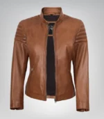 Tan lambskin leather motorcycle-style jacket for women